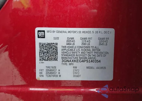 2023 Chevrolet Equinox Fwd Lt из США, поврежденный, VIN 3GNAXKEG4PS140354